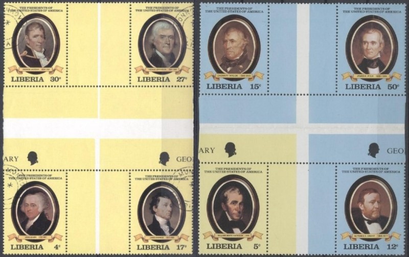 Liberia 1981-2 Presidents of the United States Crossgutter Blocks Liberia 1981-2 Presidents of the United States Crossgutter Blocks